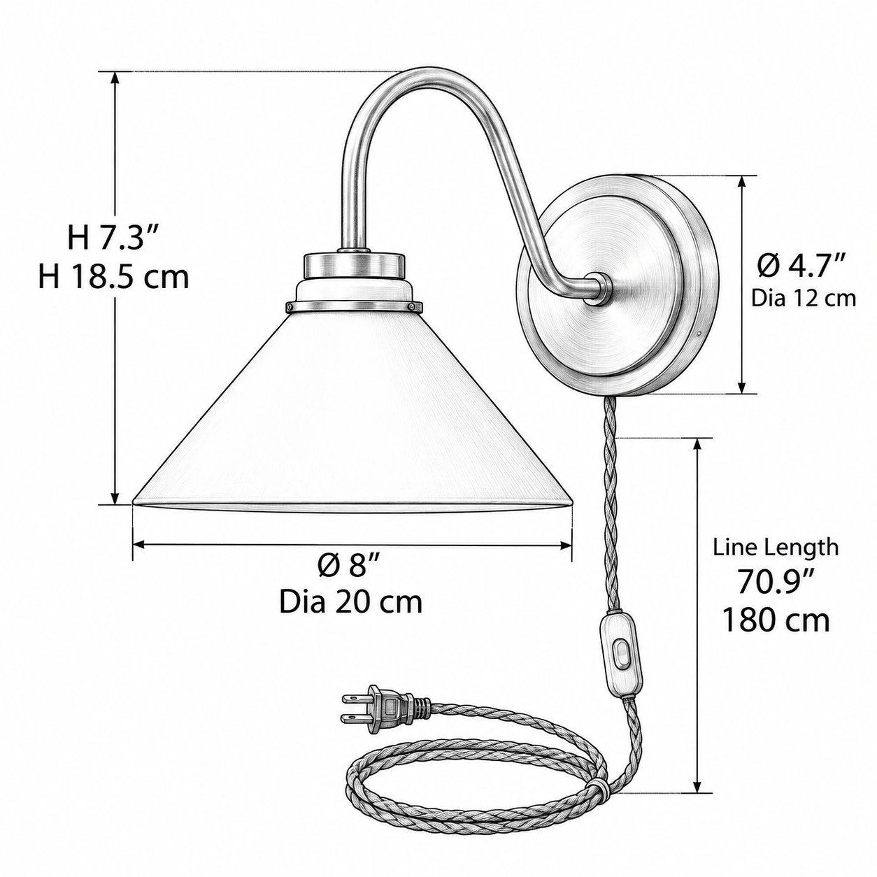 Rysunek ramienia gęsiej szyi: średnica 20 cm, wysokość 18,5 cm, przewód 1,8 m
