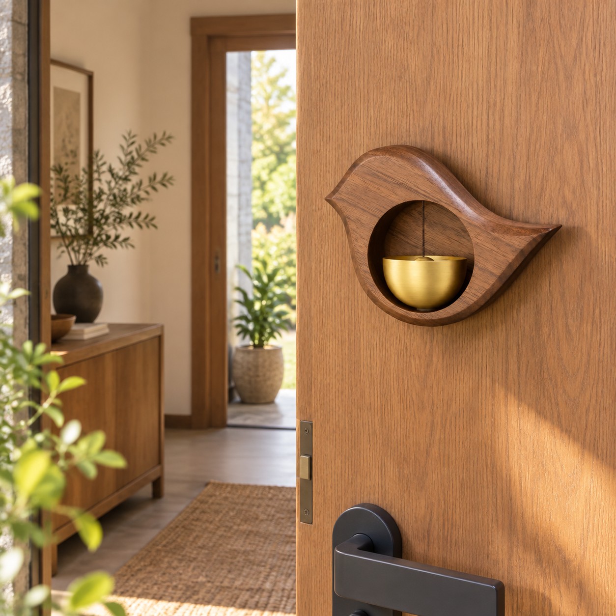 Campanello uccello su una porta d’ingresso in legno