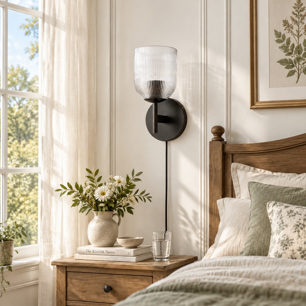 Schwarze Wandleuchte aus geripptem Glas in einem hellen Schlafzimmer