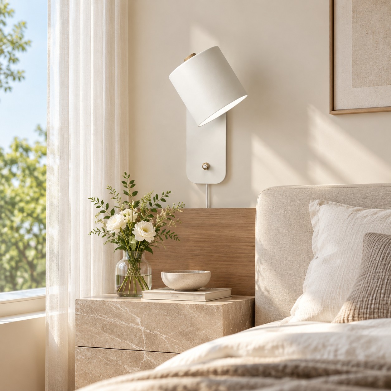 Weiße zylinderförmige Wandleuchte neben einem gepolsterten Bett bei Tageslicht