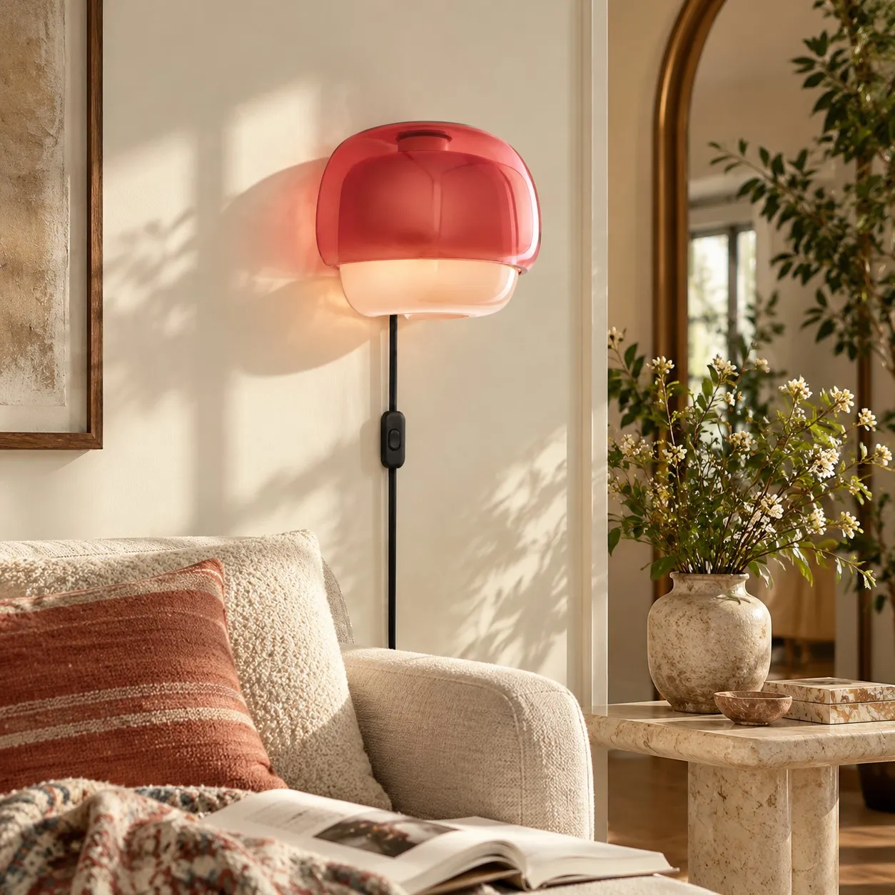 Rote Harz-Wandlampe mit Kabel neben einem Liegestuhl