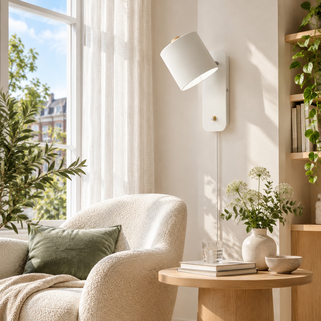 Weiße zylinderförmige Wandleuchte über einem Sessel in einem hellen Wohnzimmer