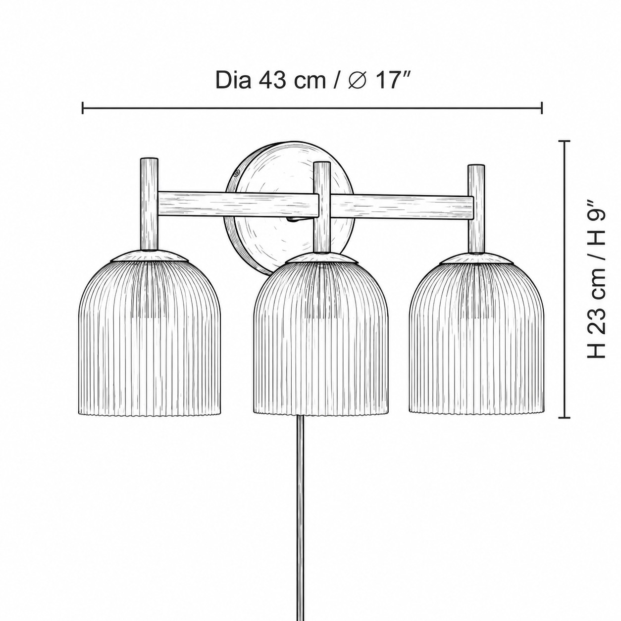Maßzeichnung, 3 Köpfe, Durchmesser 43 cm × H 23 cm