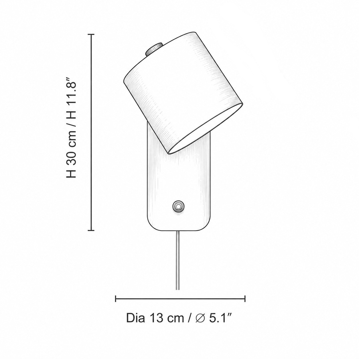 Maßzeichnung mit 13 cm Durchmesser und 30 cm Höhe