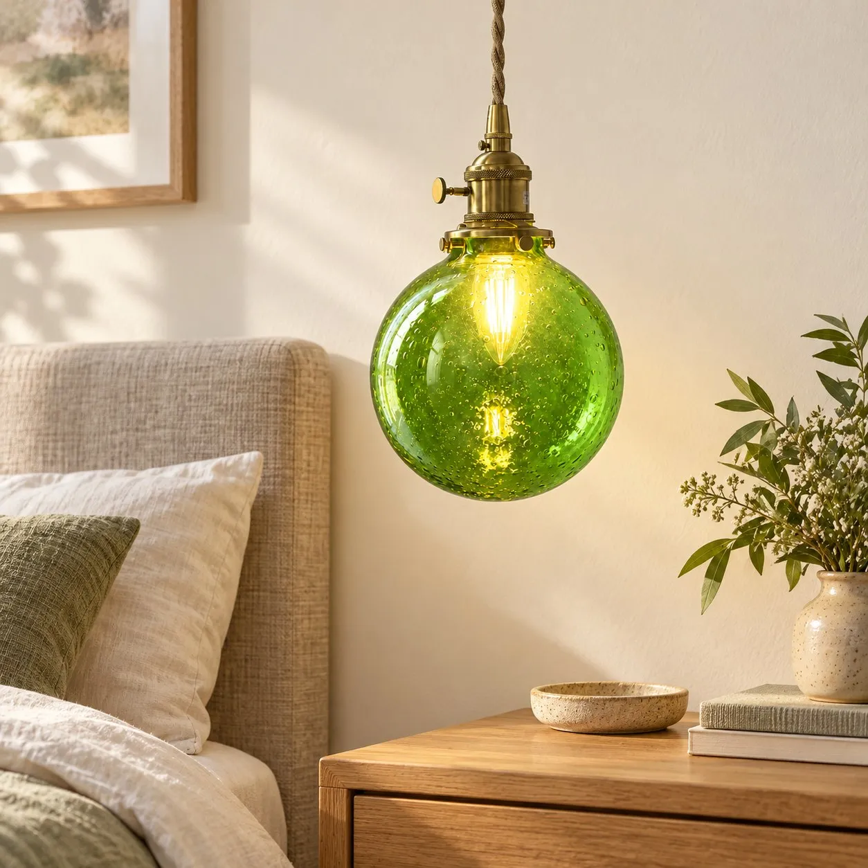 Lampada a sospensione in vetro verde a coste per interni.
