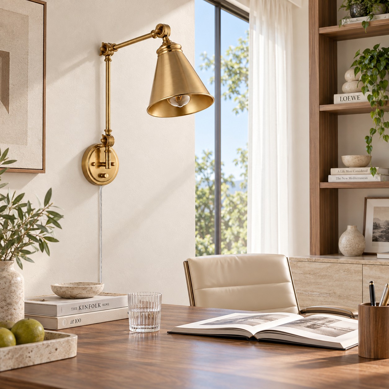 Gouden zwenkarmlamp boven een bureau aan huis bij daglicht