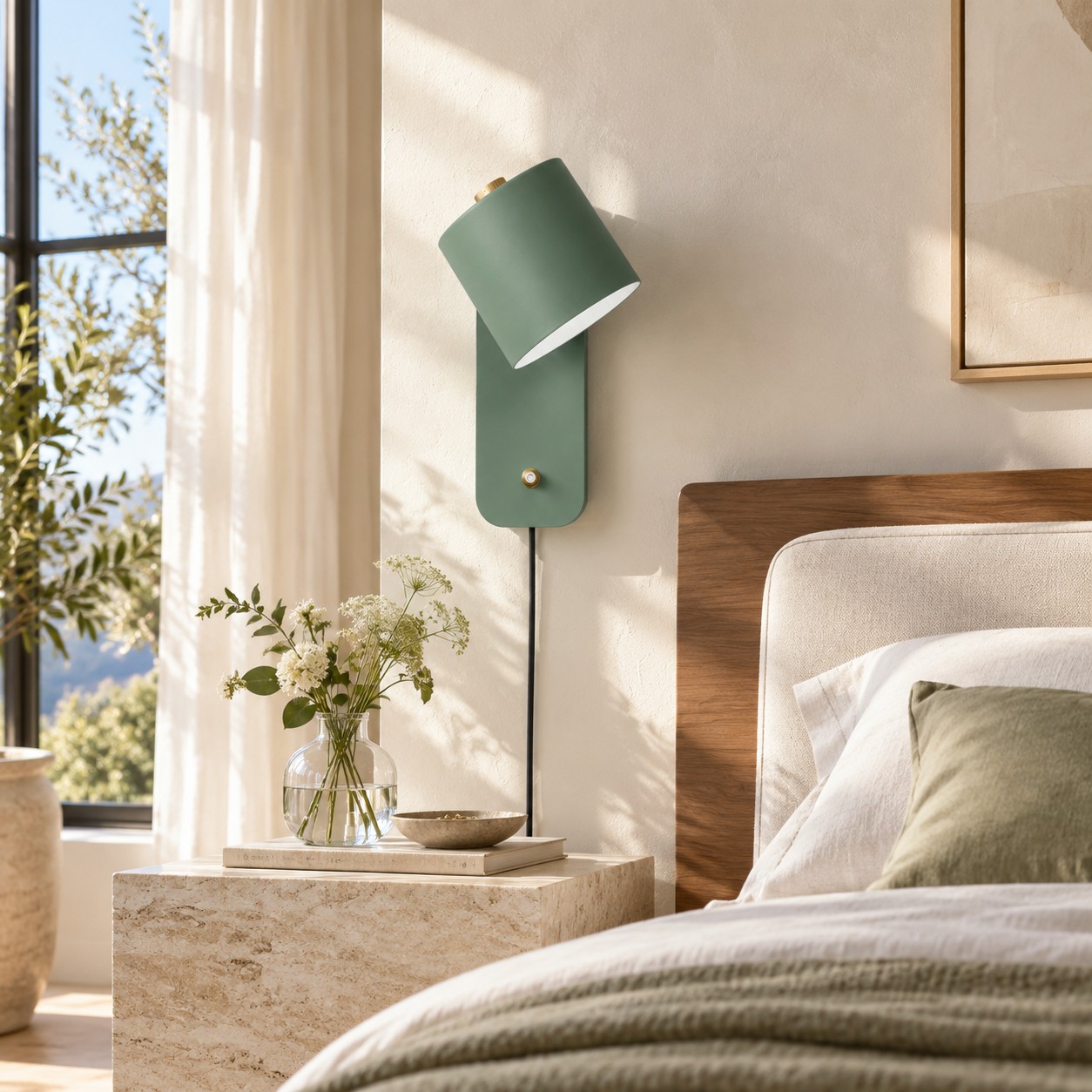 Eine grüne, zylinderförmige Wandlampe steht neben einem Bett und einem hellen Fenster.