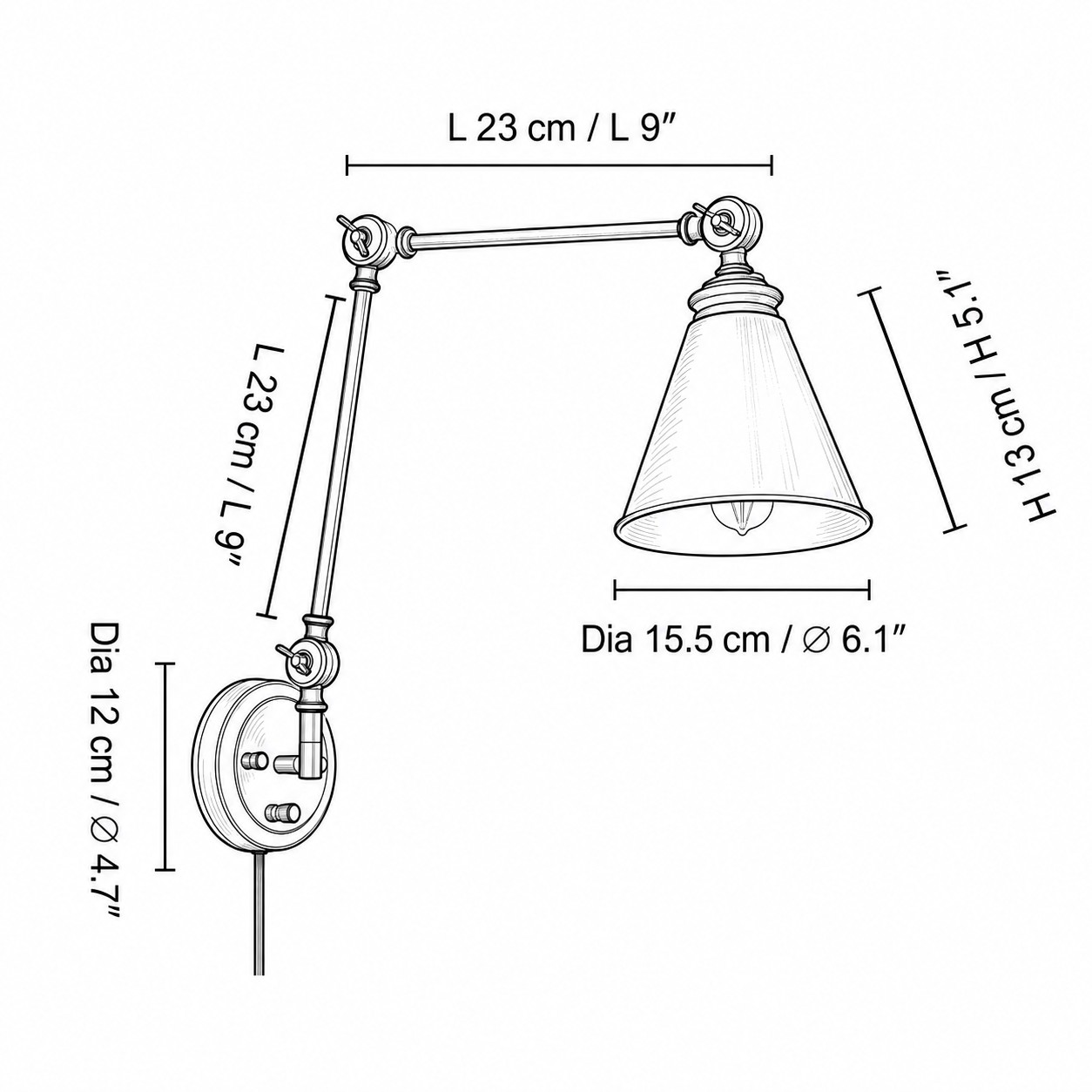 Maatdiagram met de armlengte, kegelvormige kap en achterplaatafmetingen