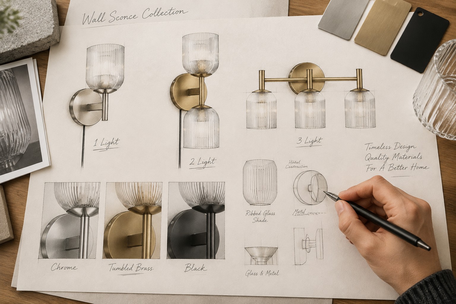 Designstudie des gerippten Glasschirms, der Metalloberfläche und der runden Wandplatte