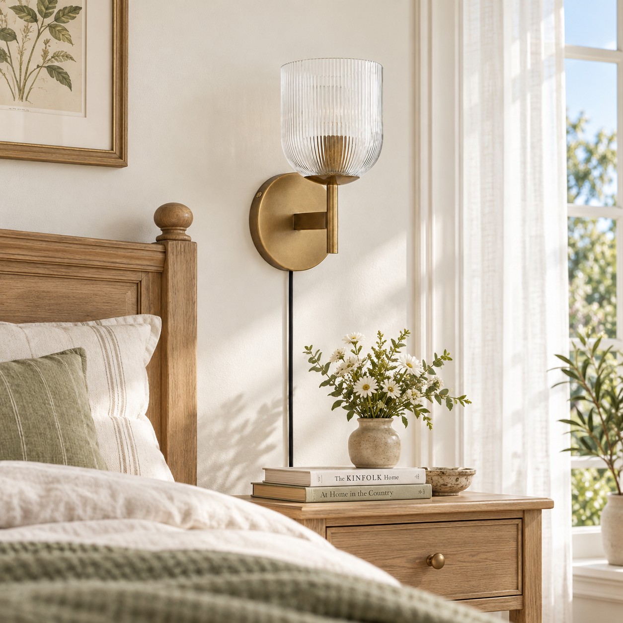 Wandleuchte aus geripptem Messingglas neben einem Bett bei Tageslicht