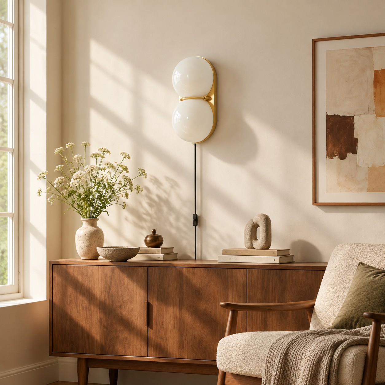 Weißglas-Wandleuchte über einem Sideboard