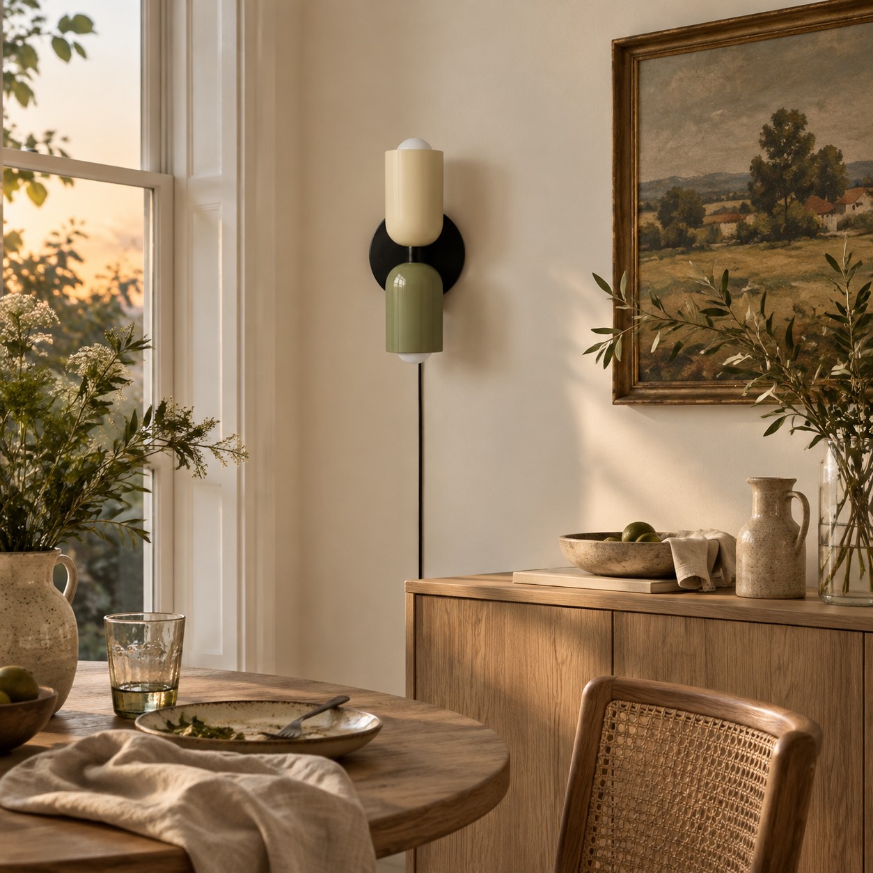 Doppelte Couleur-Wandleuchte mit Stecker in Beige und Grün neben einem Esszimmer-Sideboard
