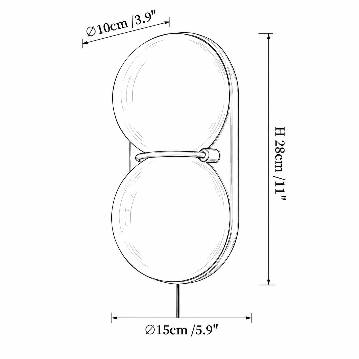 Maßzeichnung, Kugel 5,9 in, Höhe 11 in, Tiefe 3,9 in