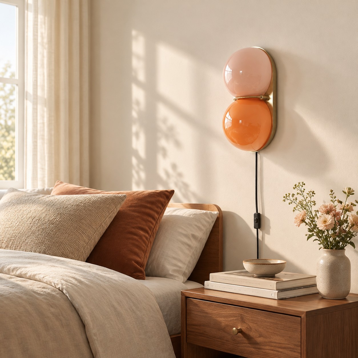 Glas-Wandleuchte neben einem Bett
